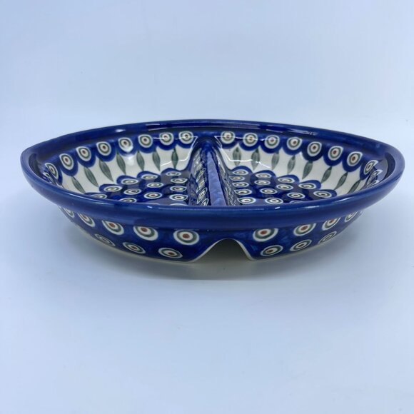vintage boleslawiec polish pottery divided bowl "peacock" pattern handcrafted - Picture 1 of 6